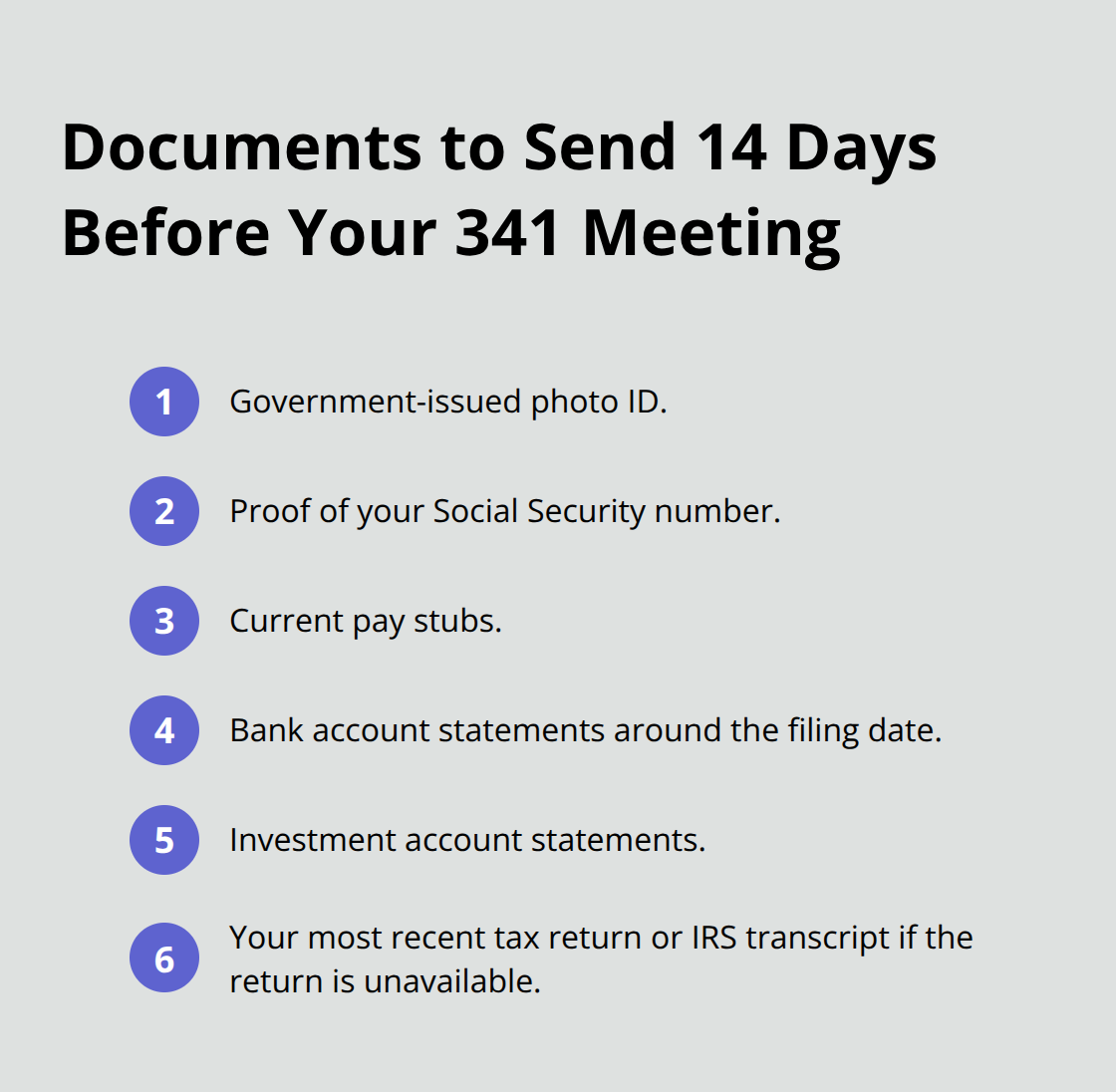 Compact checklist of documents the trustee requires at least 14 days before the 341 meeting.