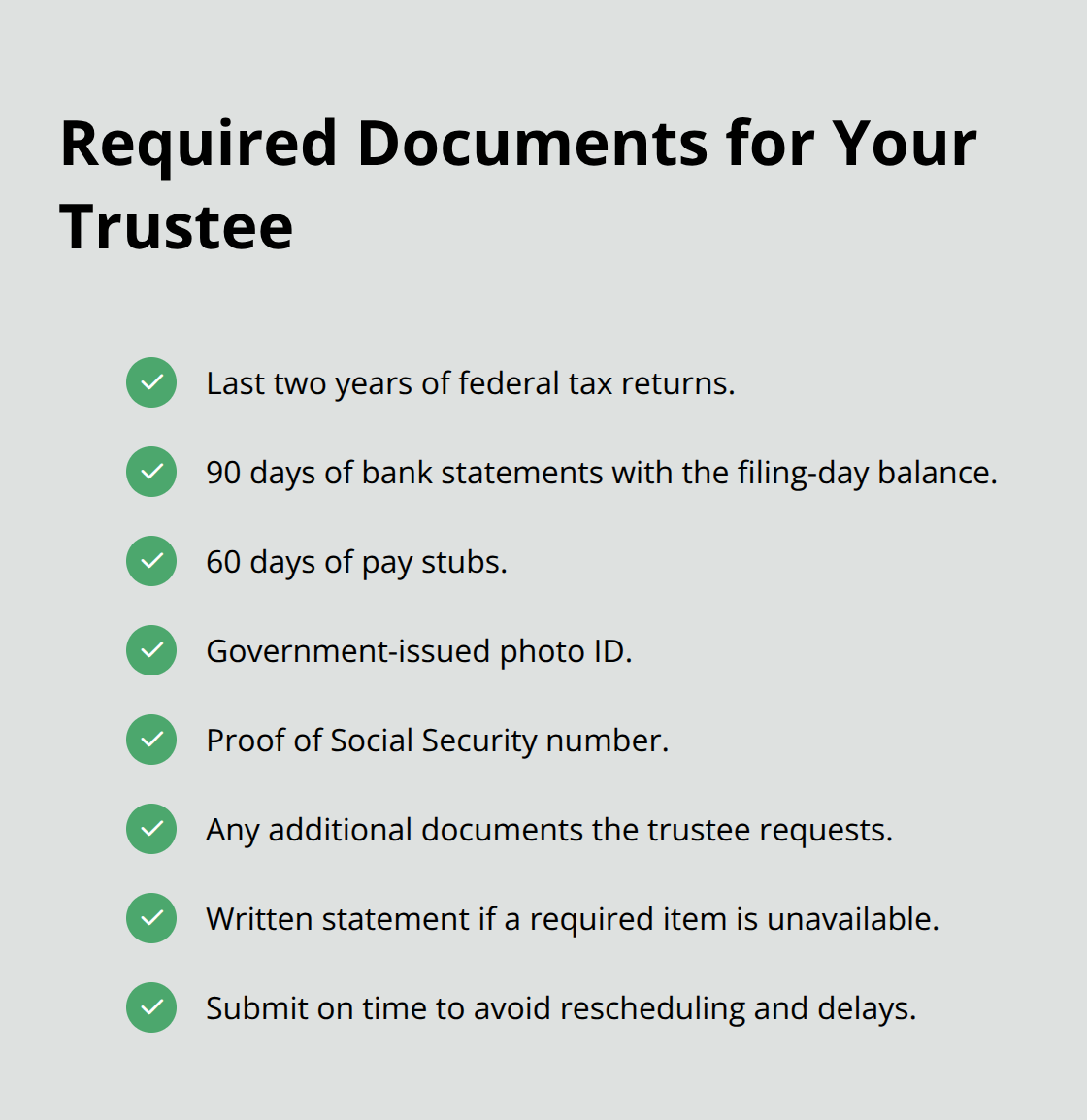 Checklist of documents to submit before a Florida Chapter 7 Section 341 meeting.