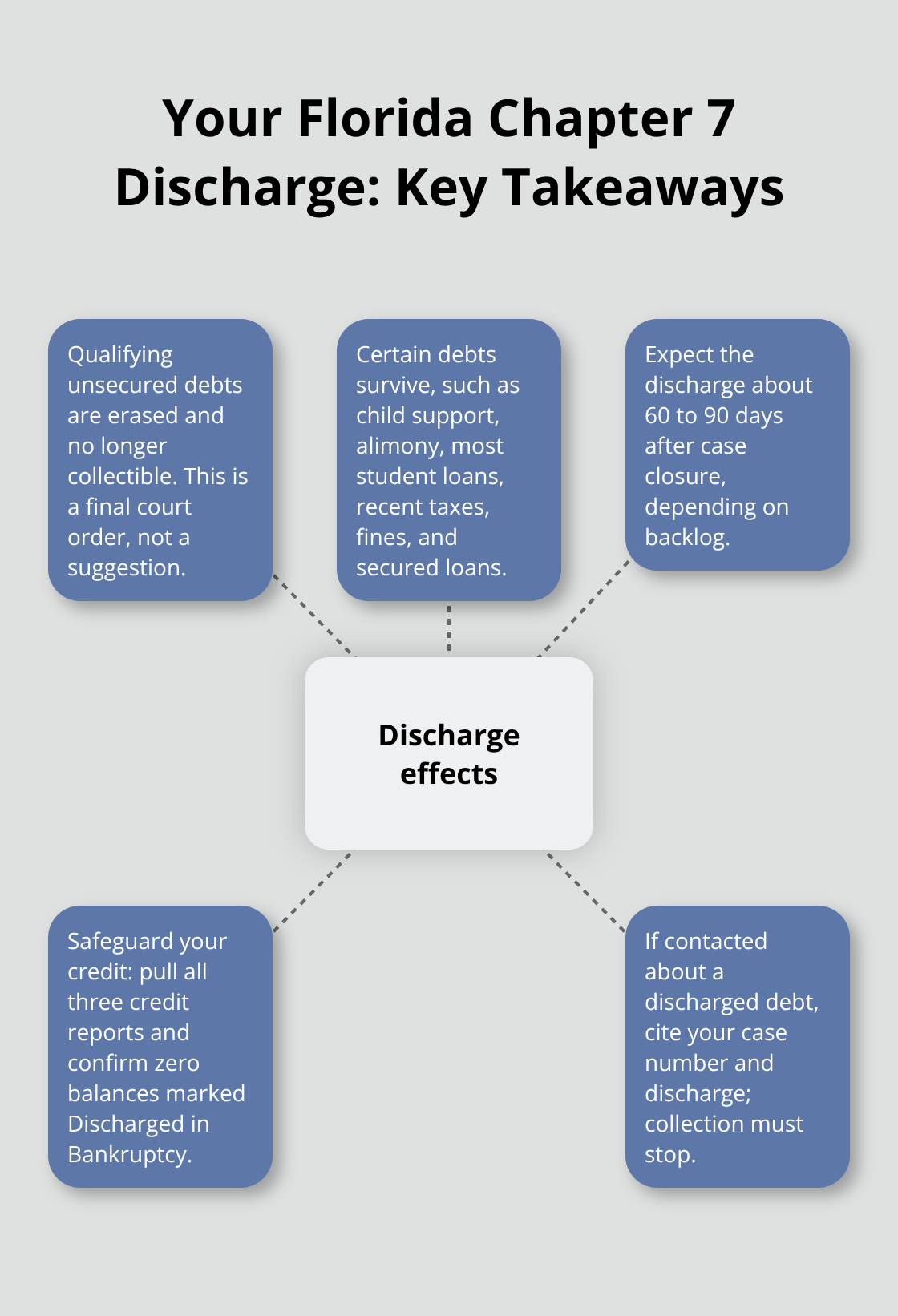 Hub-and-spoke diagram showing what a Chapter 7 discharge does and what to do next in Florida - Bankruptcy relief