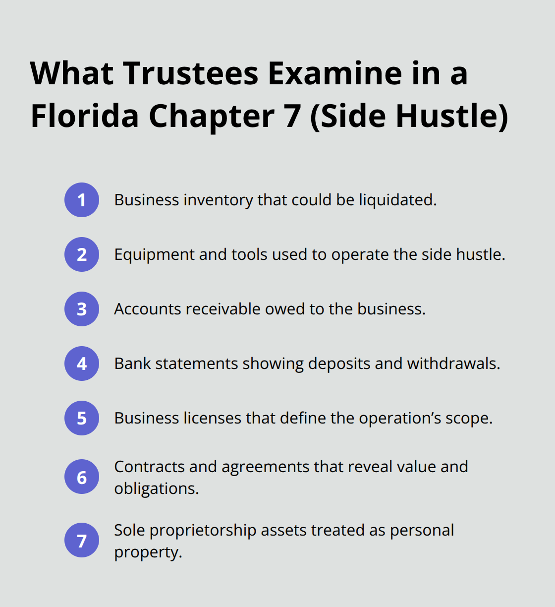 Key documents and assets a Florida Chapter 7 trustee reviews for a side hustle. - Bankruptcy relief