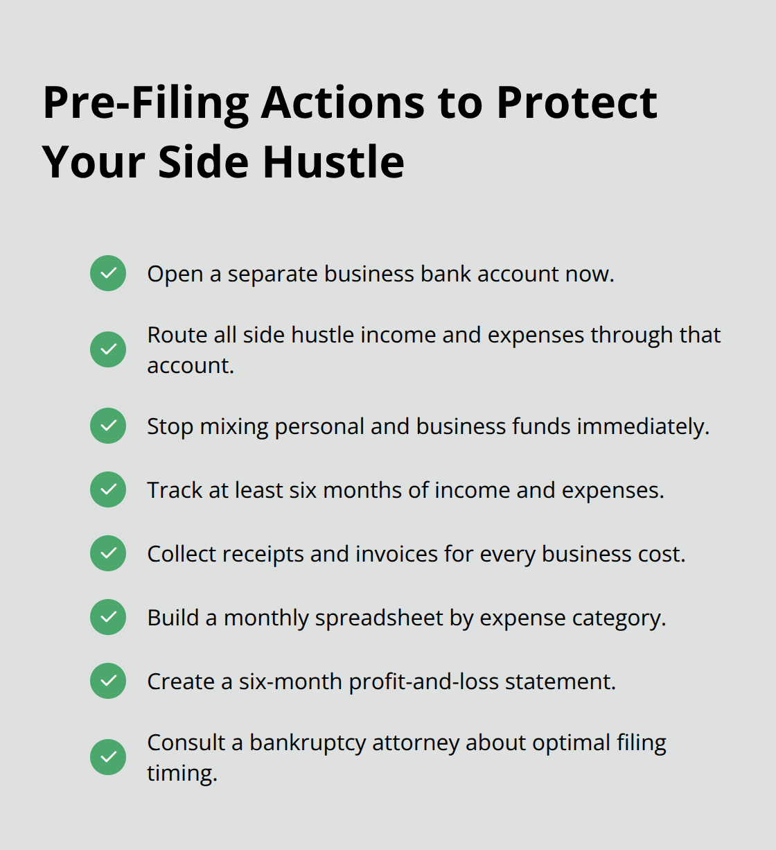 Checklist of steps to safeguard a side hustle before filing Chapter 7 in Florida. - Bankruptcy relief