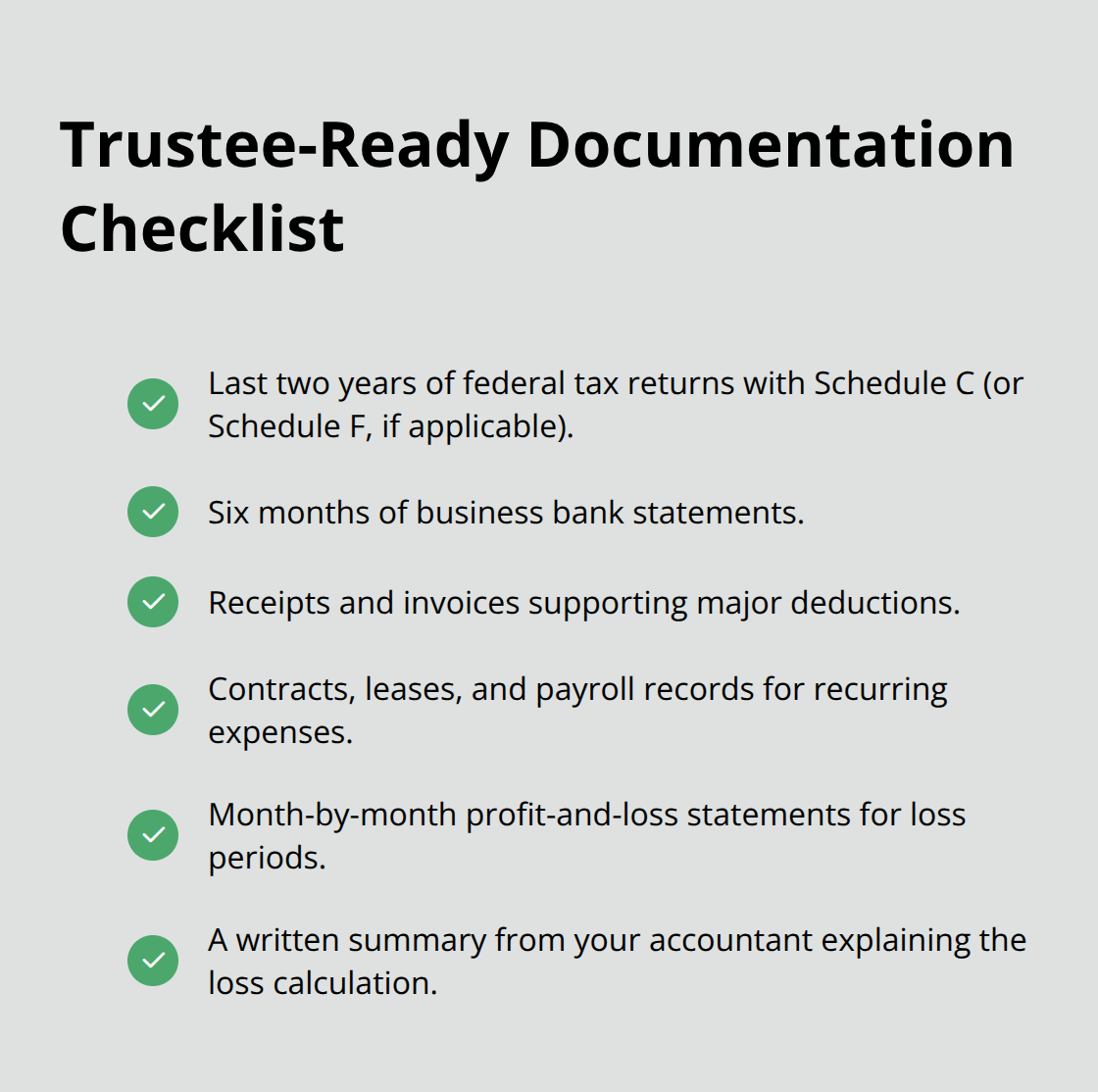 Checklist of documents to substantiate business losses for a Chapter 7 case in Florida. - Bankruptcy strategy