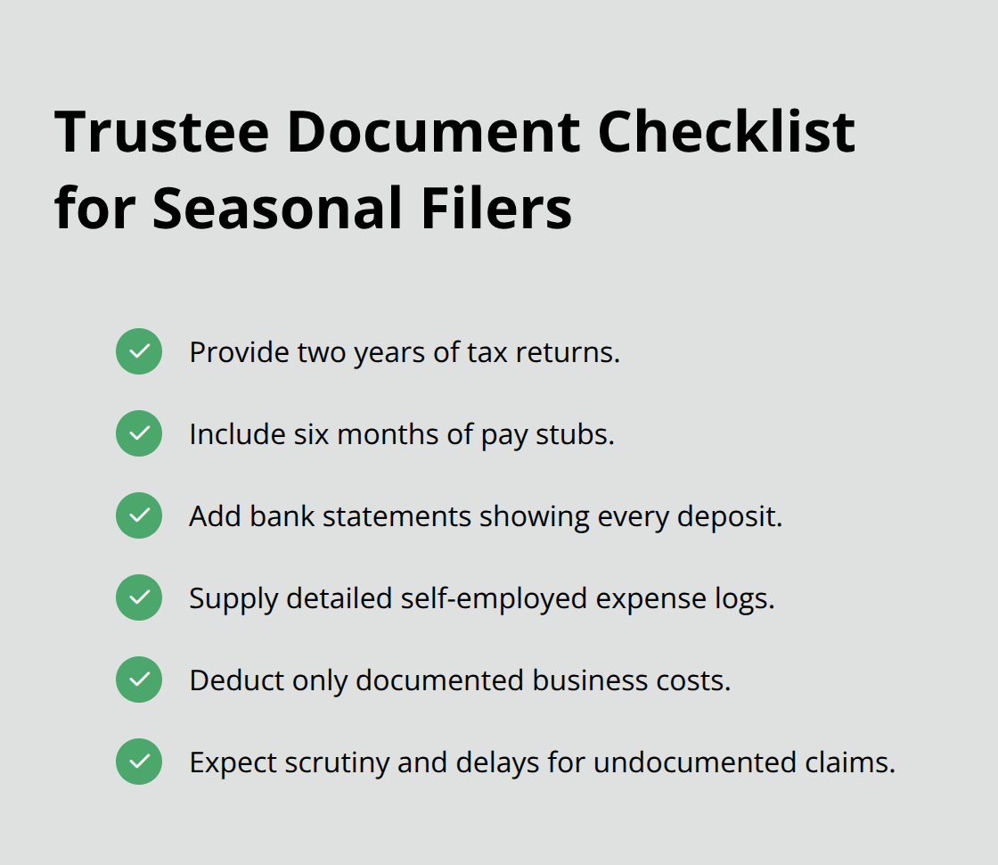 Checklist of documents and proof commonly required by the trustee for seasonal income cases.