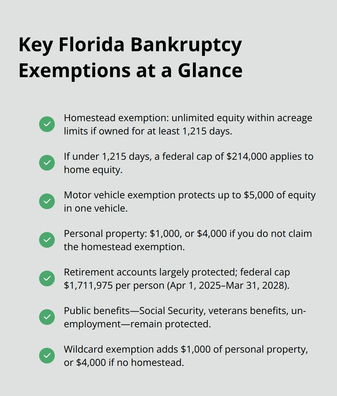 Checklist of major Florida Chapter 7 exemptions and caps. - Can file Chapter 7