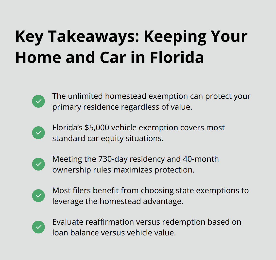 Checklist of core protections and decisions for Florida Chapter 7 bankruptcy filers