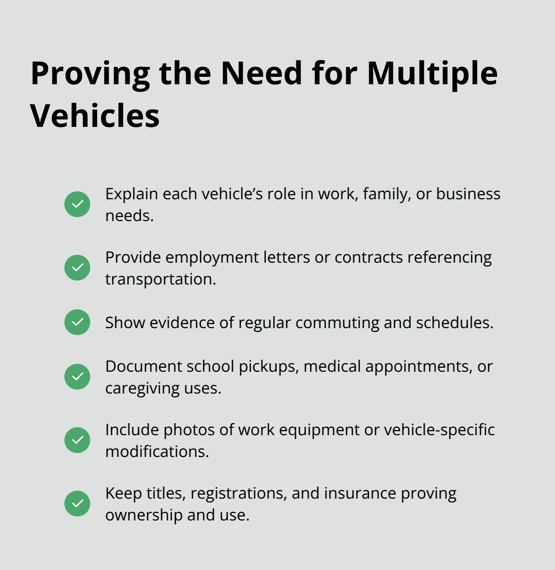 Checklist of documentation and justifications courts accept for multiple vehicles in Chapter 7 - Car exemption Chapter 7