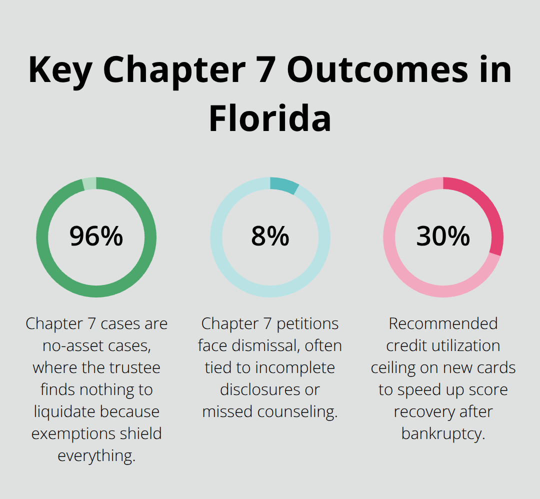 Percentages highlighting no-asset cases, dismissal risk, and recommended credit utilization after Chapter 7. - Chapter 7 bankruptcy Florida