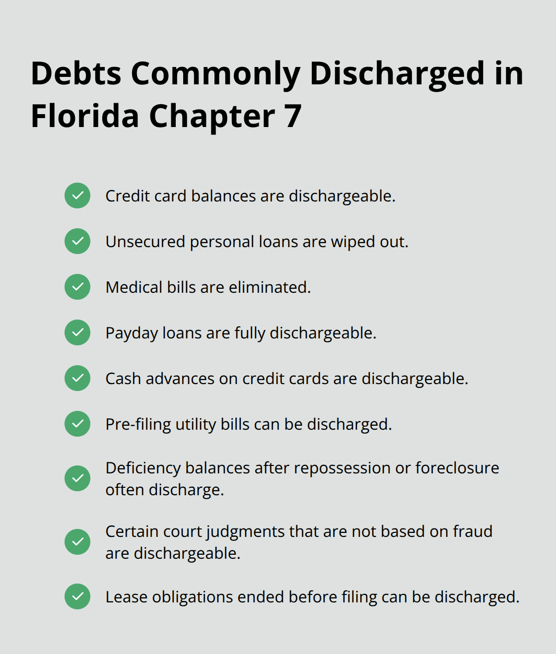 List of debt types that are typically dischargeable in a Florida Chapter 7 case