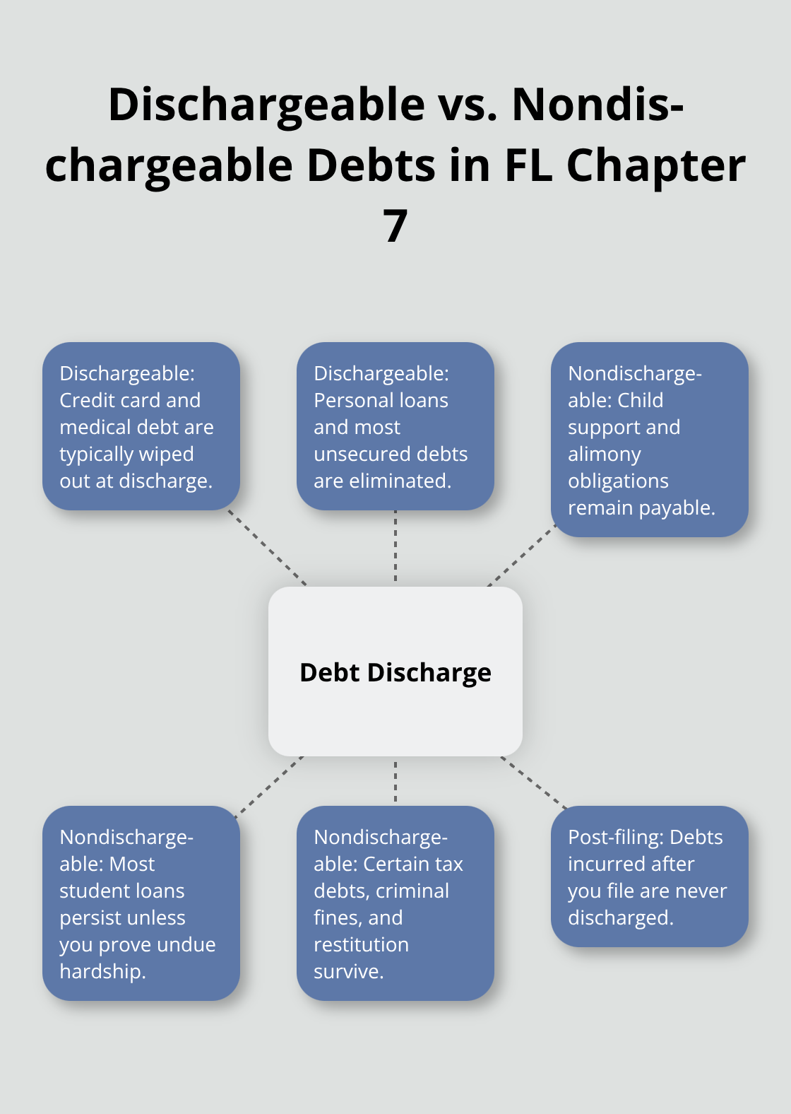 Visual map of debts typically discharged versus those that survive in Florida Chapter 7.