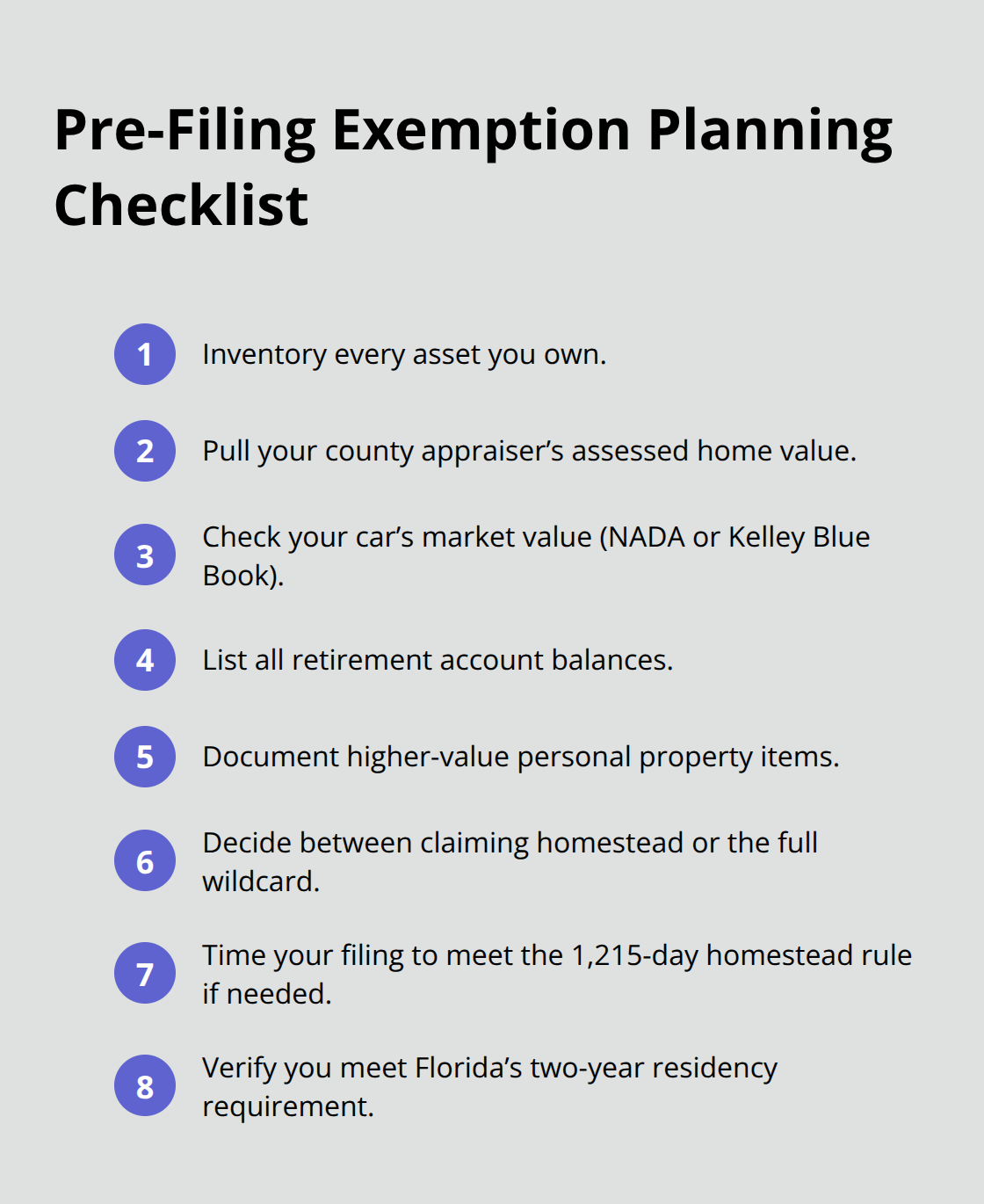 Compact checklist of steps to plan Florida Chapter 7 exemptions before filing. - Chapter 7 exemptions Florida