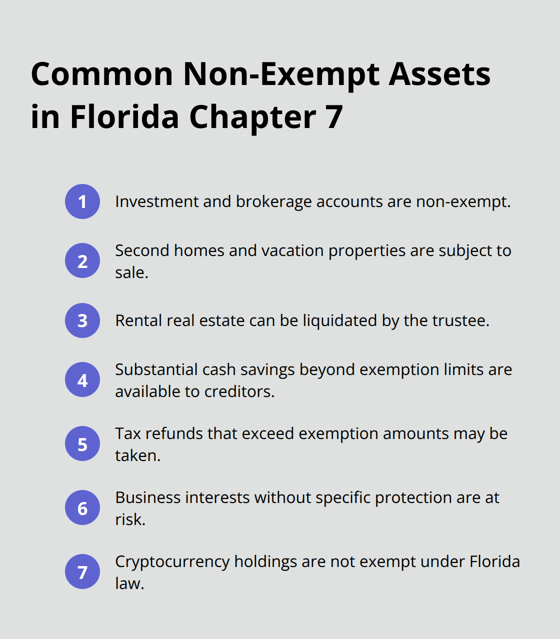 Compact list of assets typically subject to liquidation in Florida Chapter 7 cases - Chapter 7 exemptions Florida
