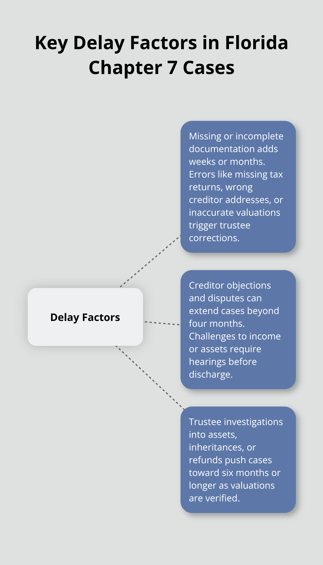 Hub-and-spoke diagram showing three main delay factors in Florida Chapter 7 cases.