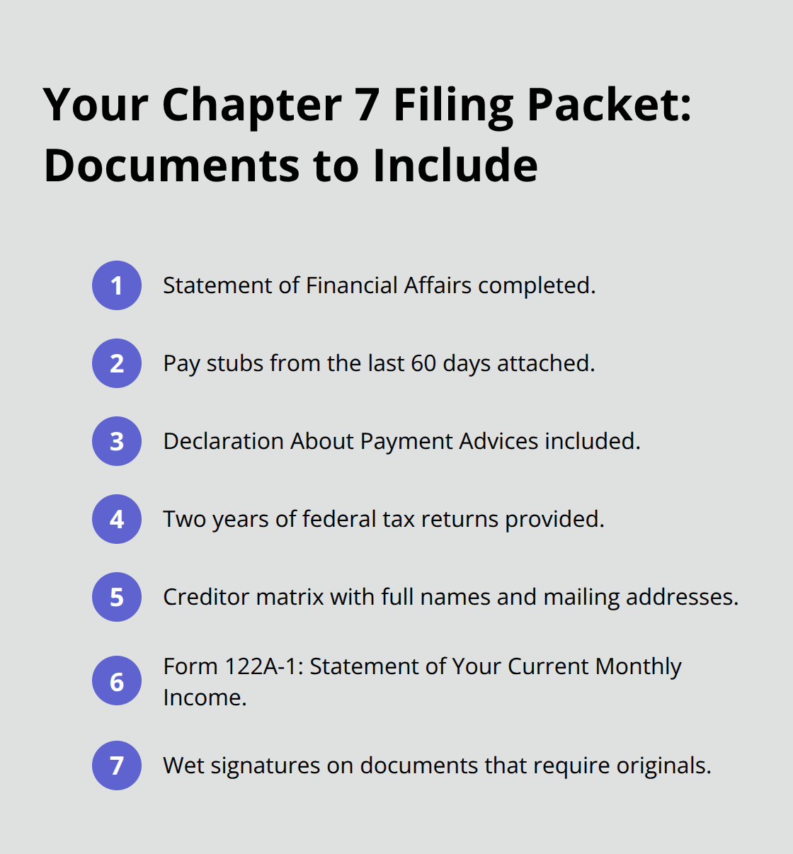 Compact checklist of key documents required for a complete Chapter 7 filing in Florida. - Chapter 7 filing Florida