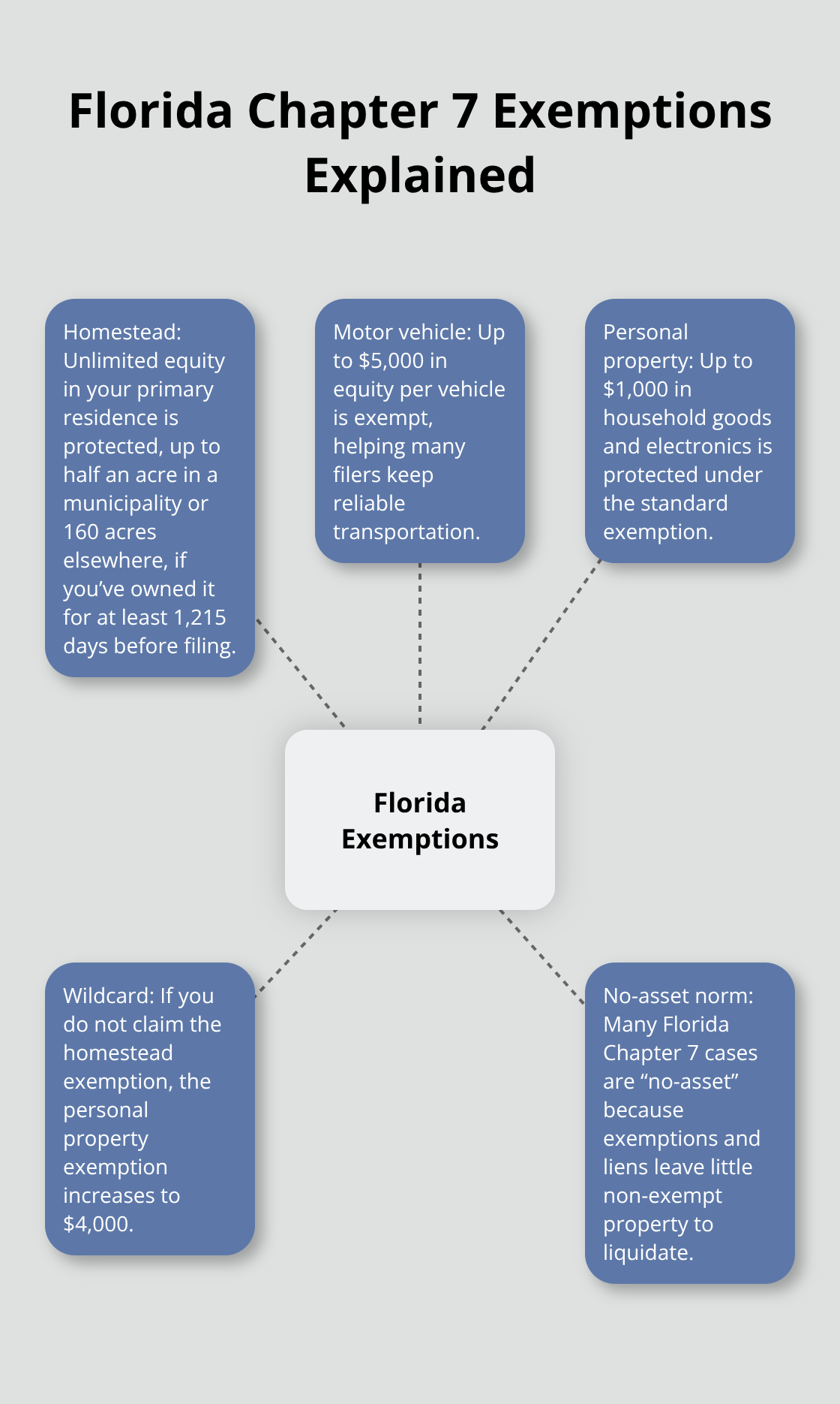Visual overview of Florida Chapter 7 bankruptcy exemptions and no-asset context - Chapter 7 Florida basics