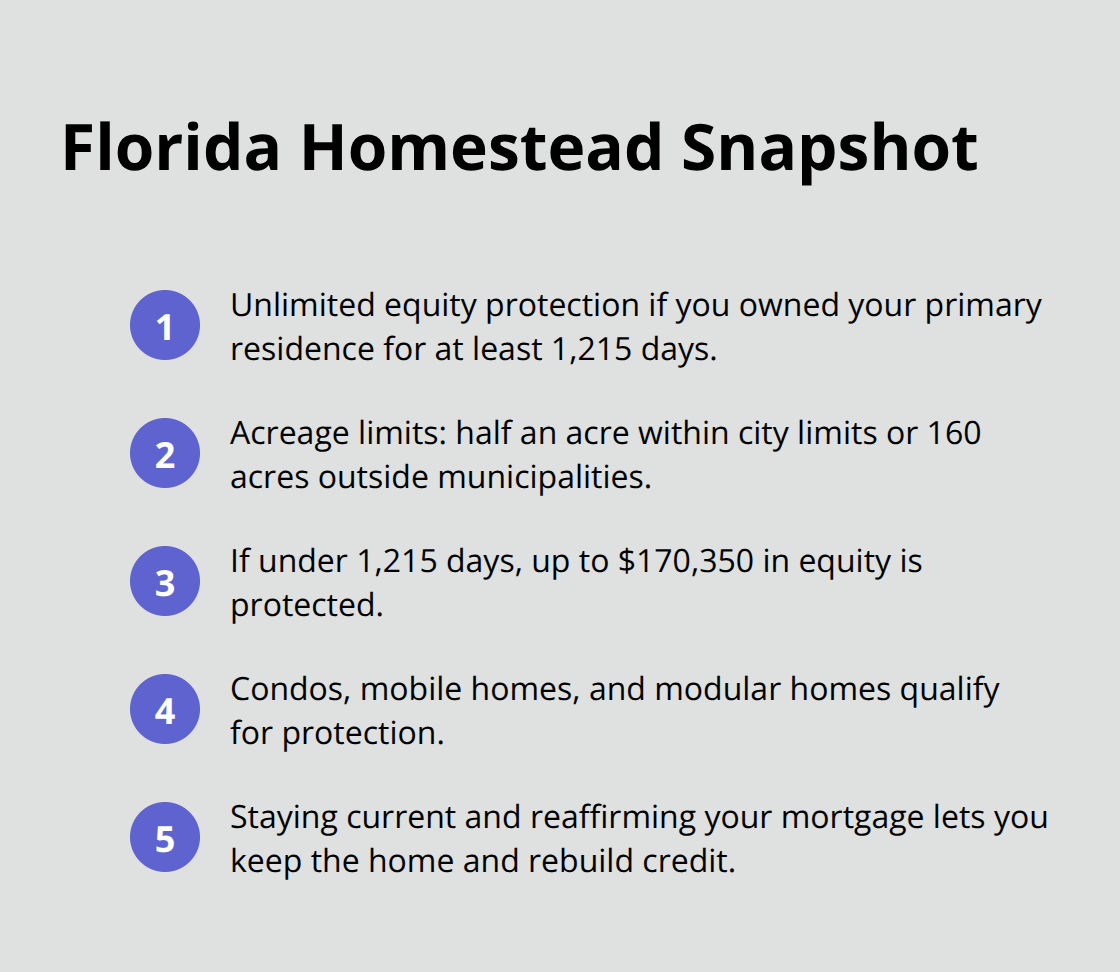 Key homestead facts: unlimited equity after 1,215 days, acreage limits, fallback cap, and eligible home types