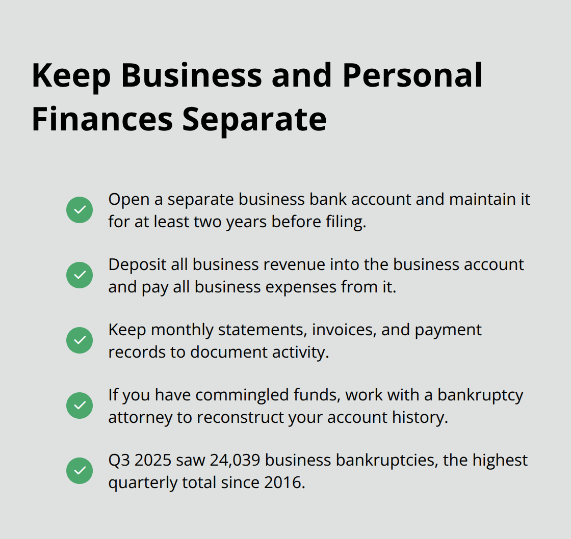 Checklist of steps to separate business and personal finances and a note on 2025 business bankruptcy levels