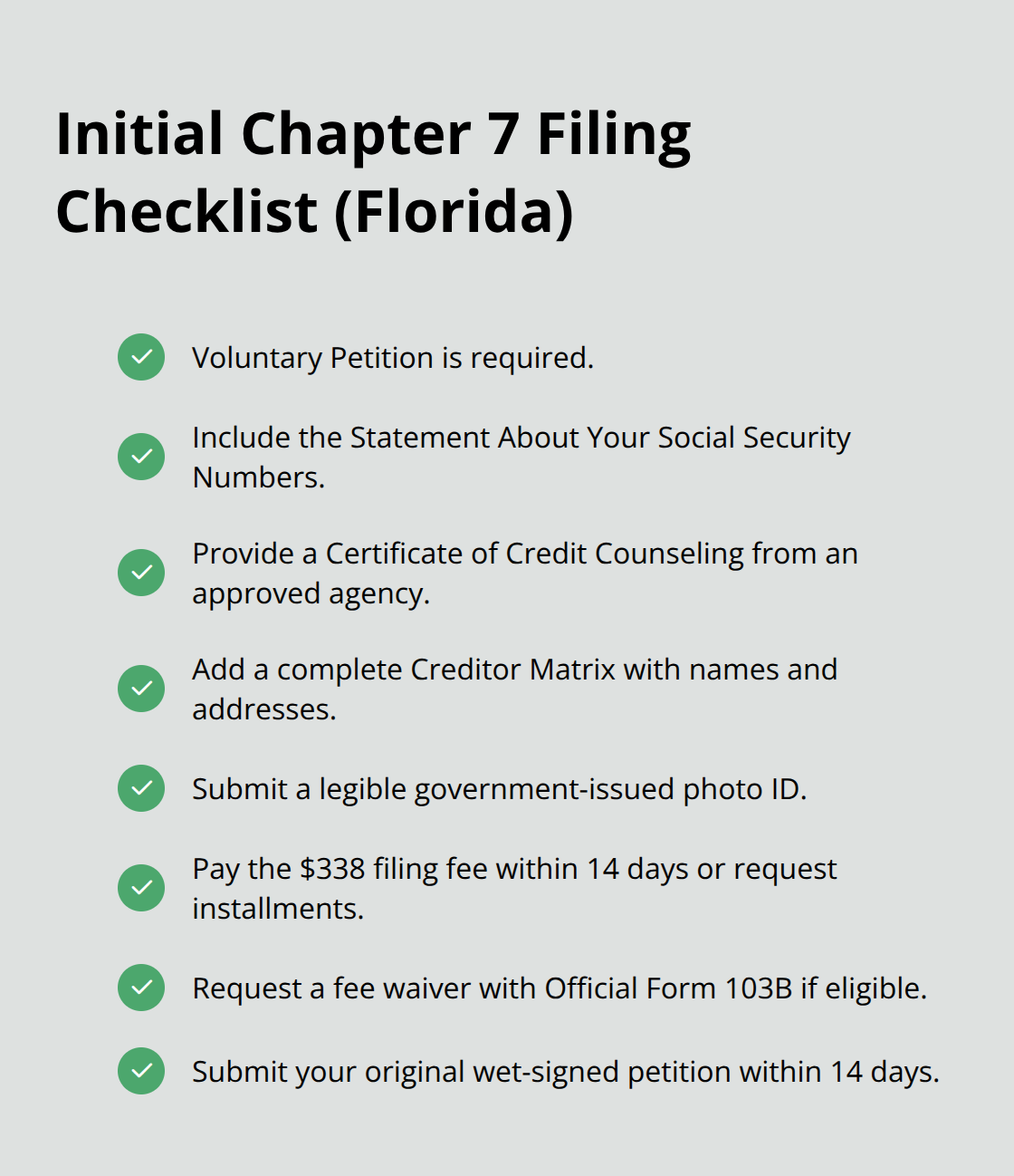 Checkmark list of required Chapter 7 filing documents, fees, and deadlines in Florida. - Chapter 7 fundamentals Florida