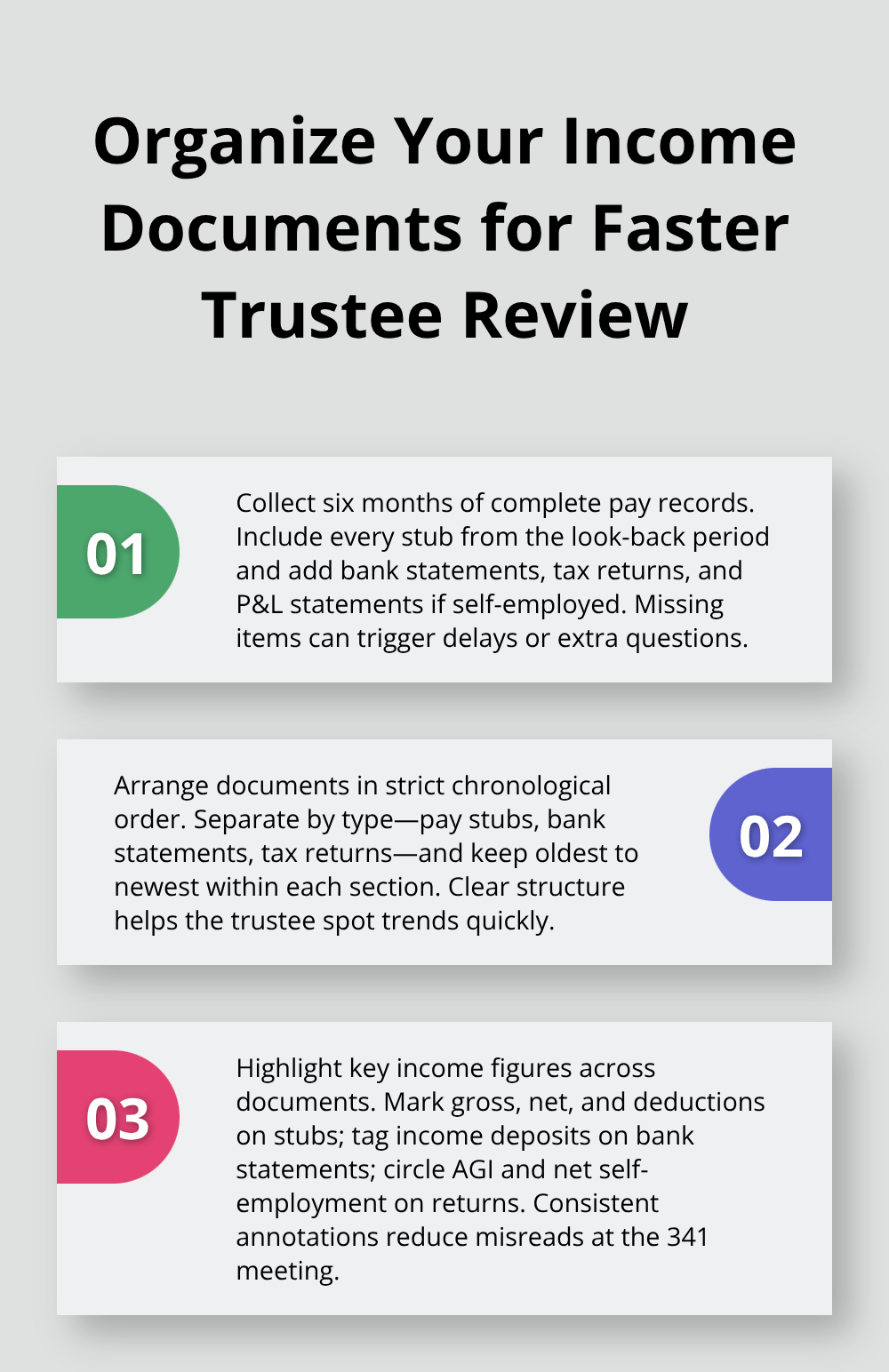 Three-step guide to organizing Chapter 7 income records