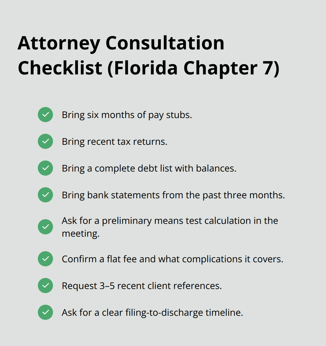 Checklist of documents and questions to cover in a Florida Chapter 7 bankruptcy consultation. - Chapter 7 legal help