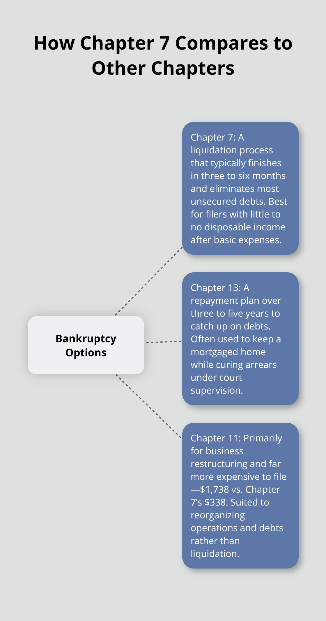 Visual comparison of Chapter 7, Chapter 13, and Chapter 11 bankruptcy options in the U.S. - Chapter 7 overview Florida