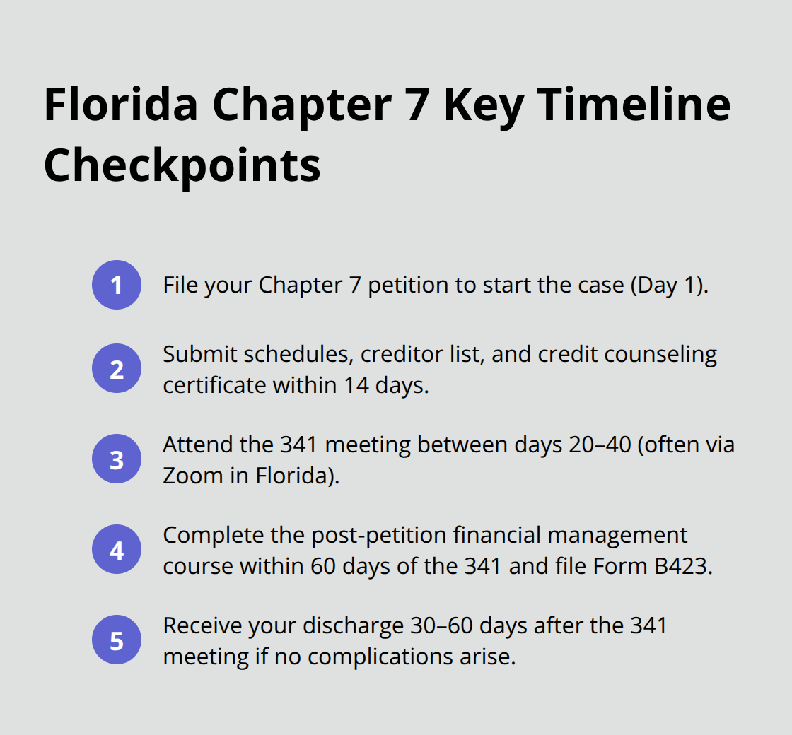 Compact timeline of Florida Chapter 7 bankruptcy milestones from filing through discharge. - Chapter 7 timeline Florida