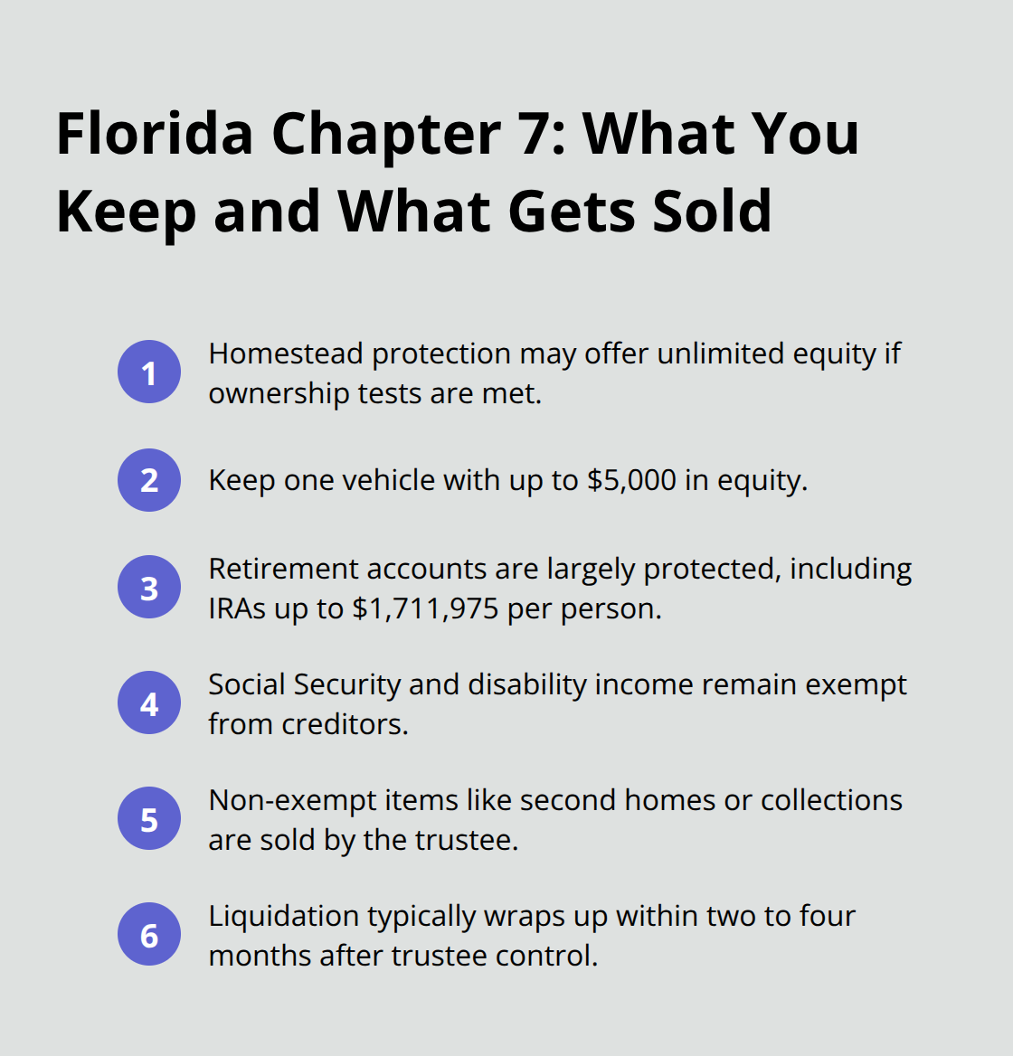 Compact list of key Florida Chapter 7 exemptions and liquidation notes - chapter 7 versus chapter 11 bankruptcy