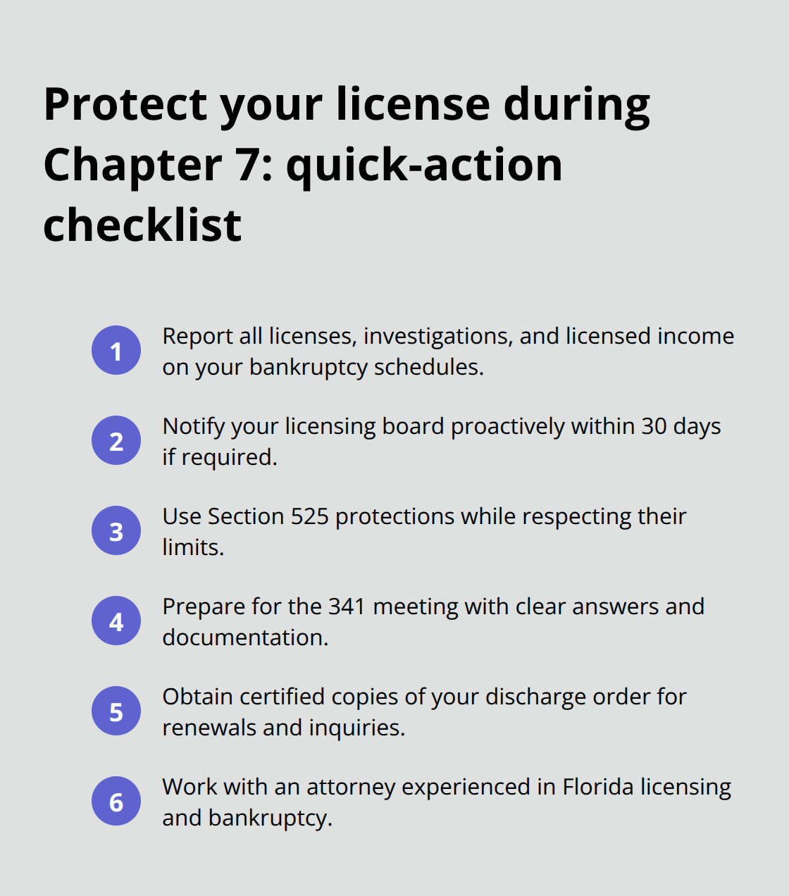 Compact checklist of key steps to protect a professional license during Chapter 7 bankruptcy in Florida - Chapter discharge
