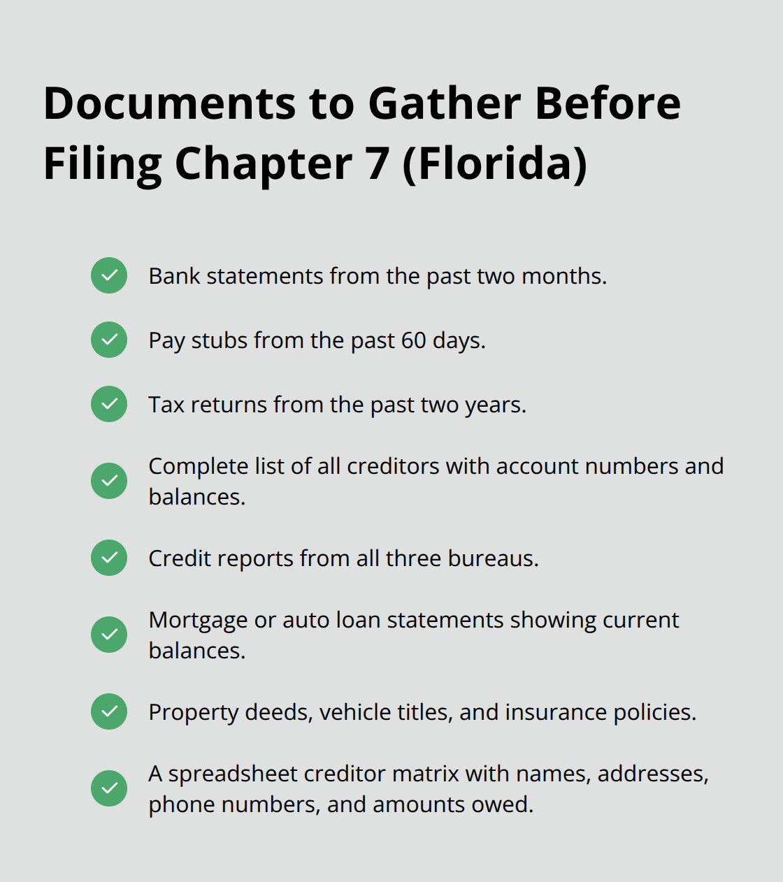 Checklist of documents to prepare before filing Chapter 7 in Florida