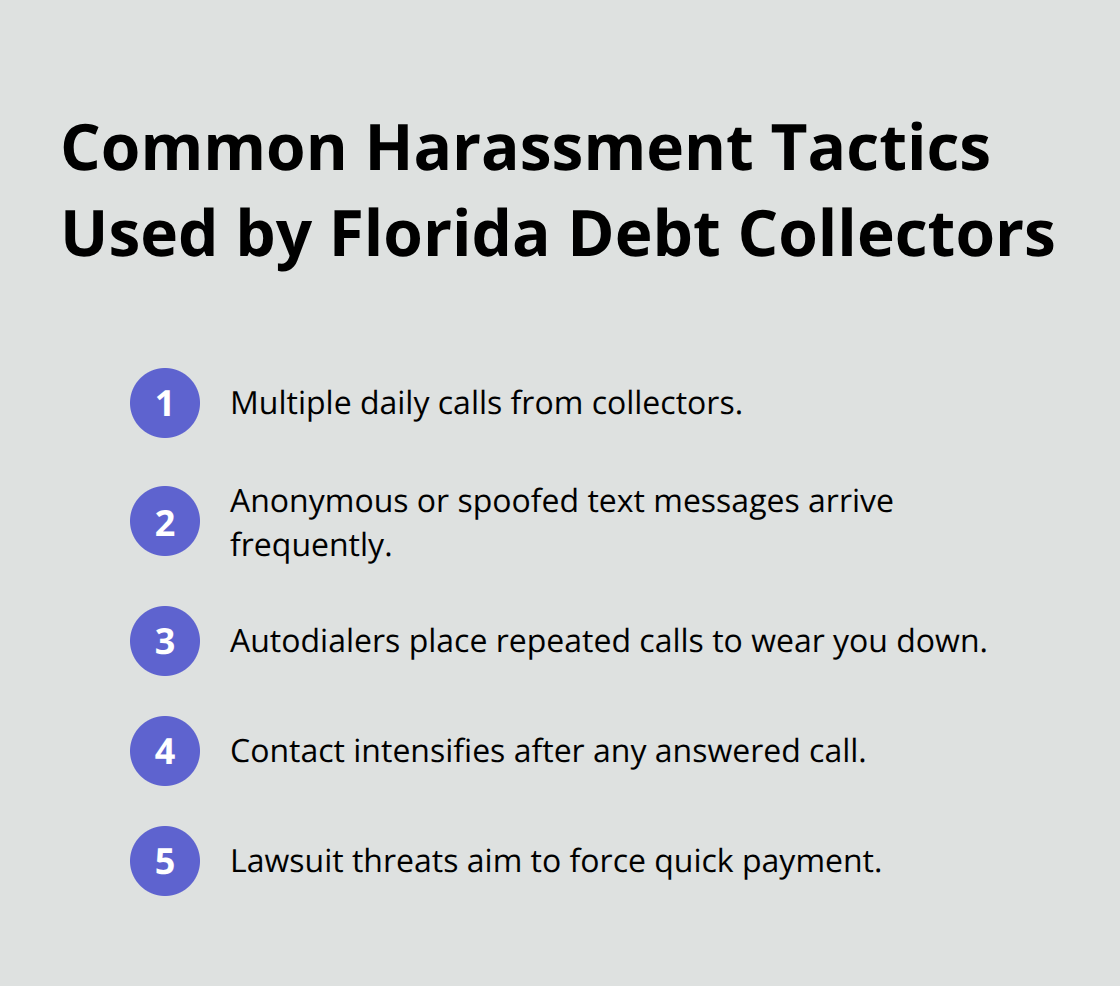Compact list summarizing typical harassment tactics used by Florida debt collectors - Chapter Seven creditor protection