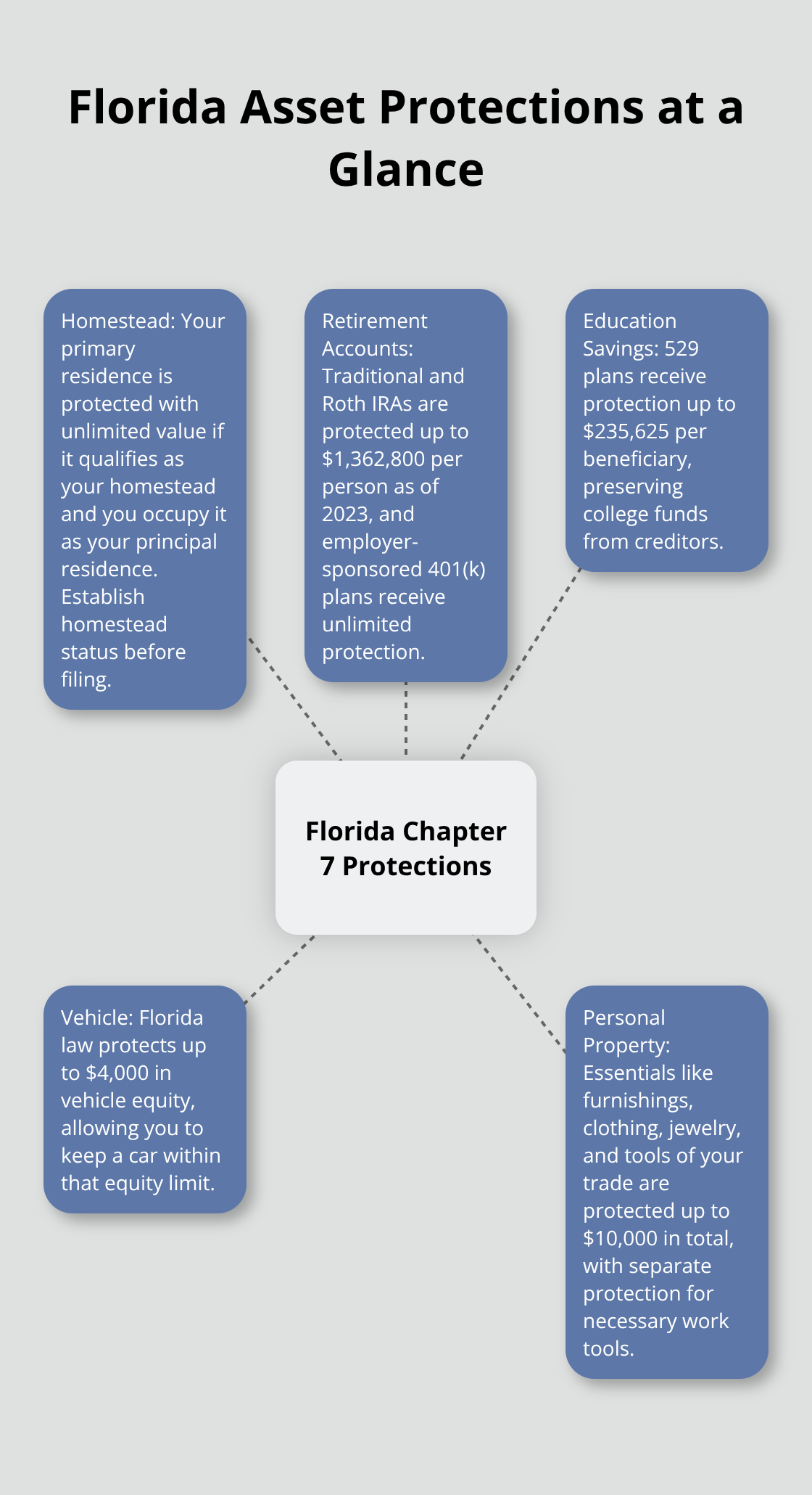 Visual summary of key Florida Chapter 7 asset exemptions for families - Chapter Seven family planning