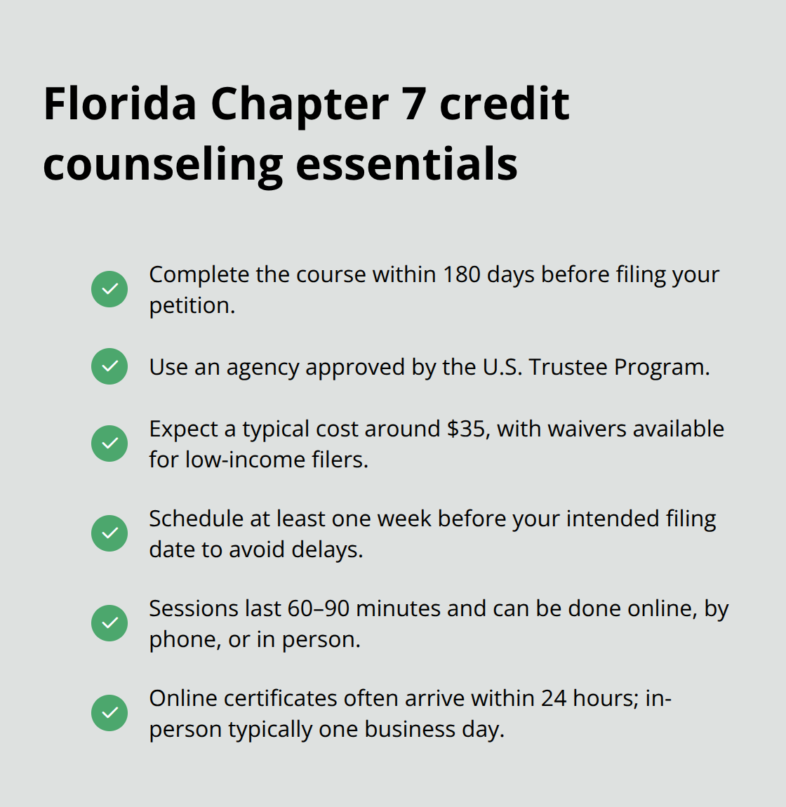 Key requirements and logistics for Florida credit counseling before filing Chapter 7 - Credit counseling Chapter 7