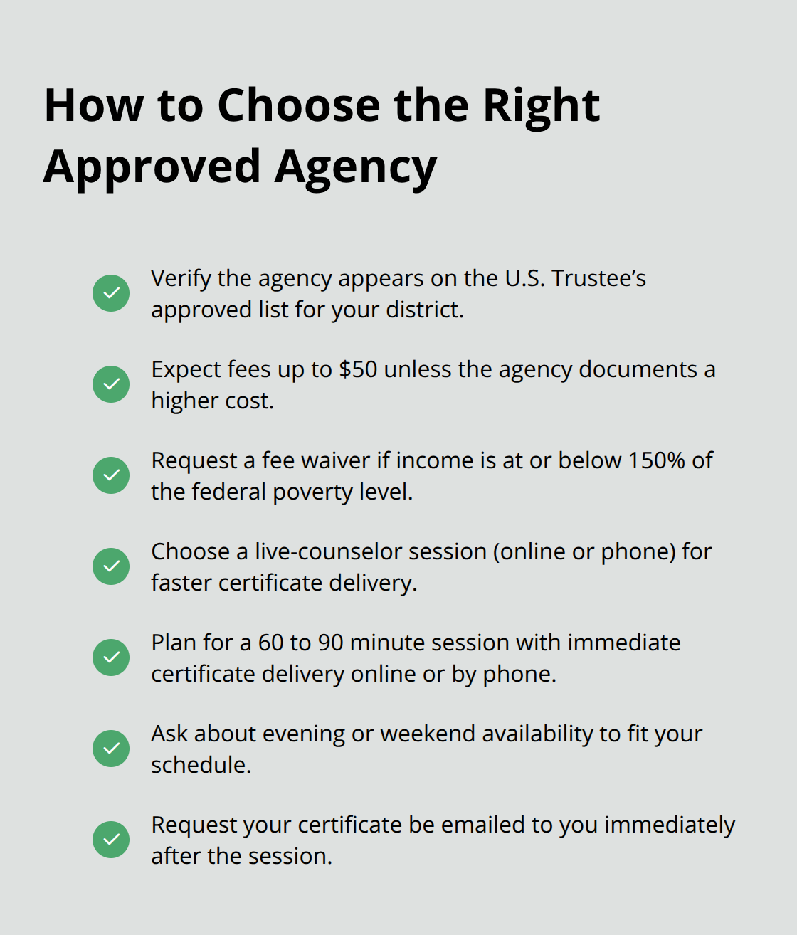 Checklist of practical criteria for selecting a U.S. Trustee–approved credit counseling agency