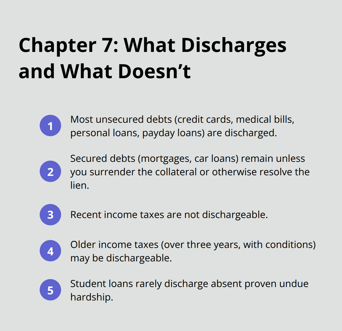 Compact list summarizing which debts are eliminated in Chapter 7 and which remain