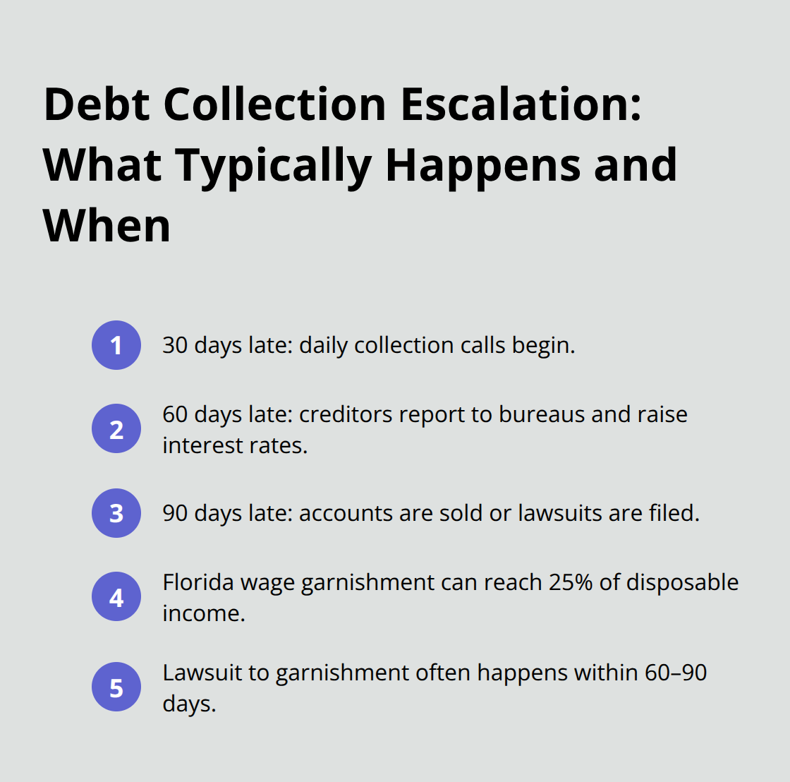 Ordered list of collection activity milestones at 30, 60, and 90 days plus garnishment details - Debt fresh