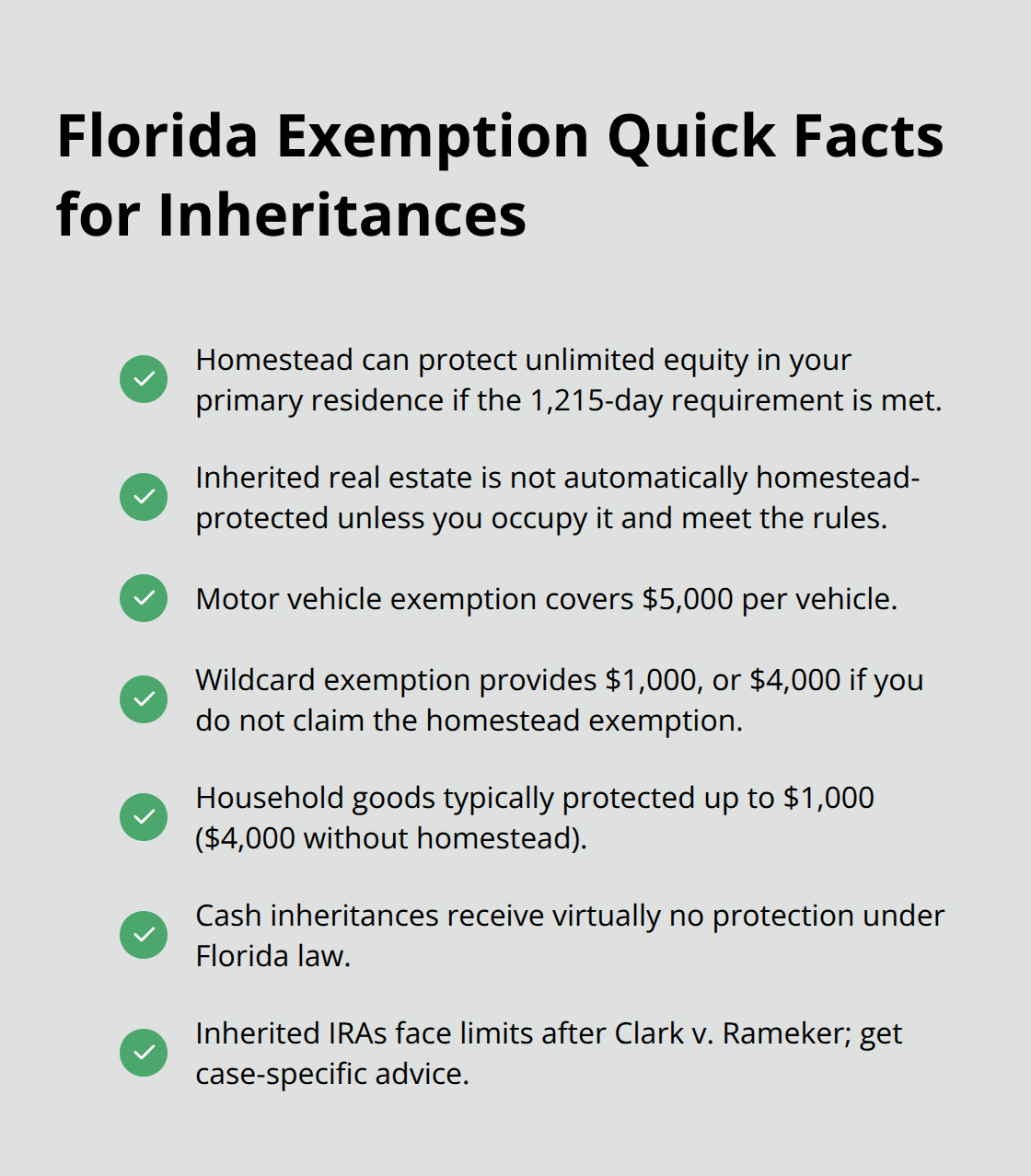 Checklist of key Florida Chapter 7 exemption limits that affect inherited assets. - Debt relief