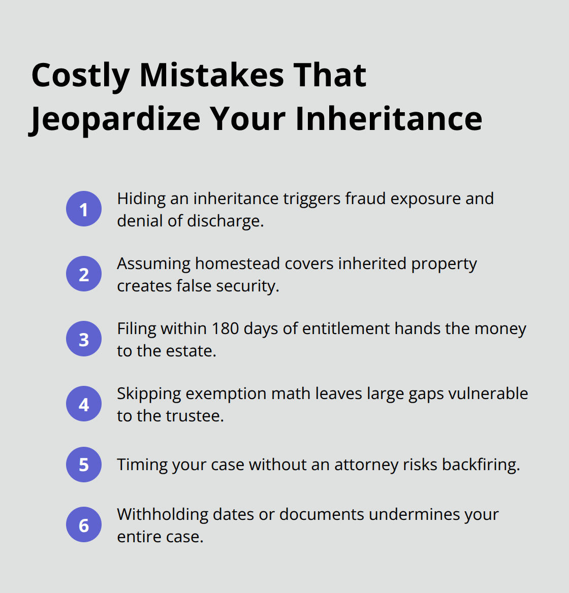 Compact list of common errors that cause Floridians to lose inherited assets in Chapter 7.