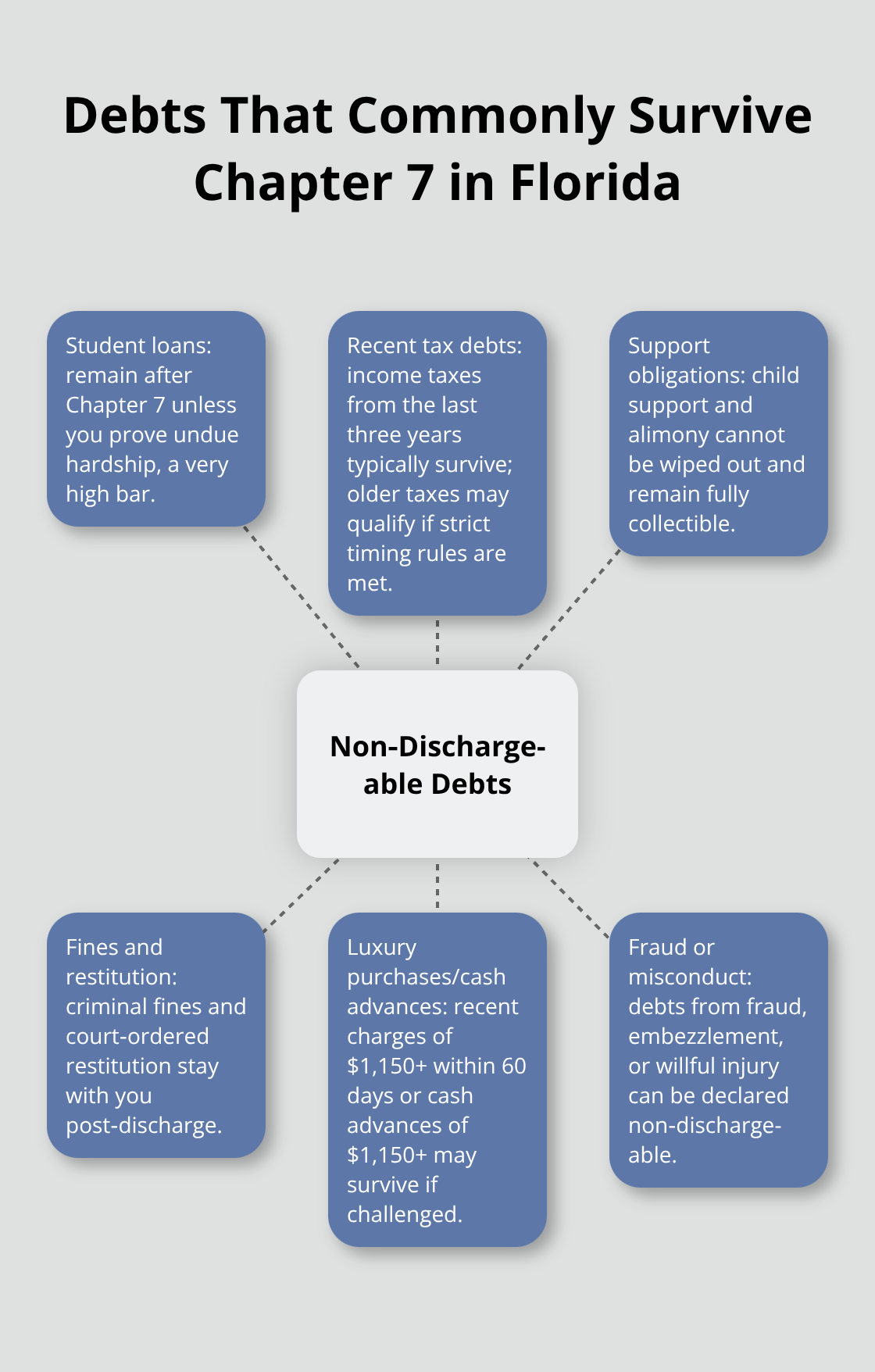 Hub-and-spoke diagram listing non-dischargeable debts such as student loans, recent taxes, support, fines, luxury purchases, and fraud-related debts. - Discharge prospects Florida