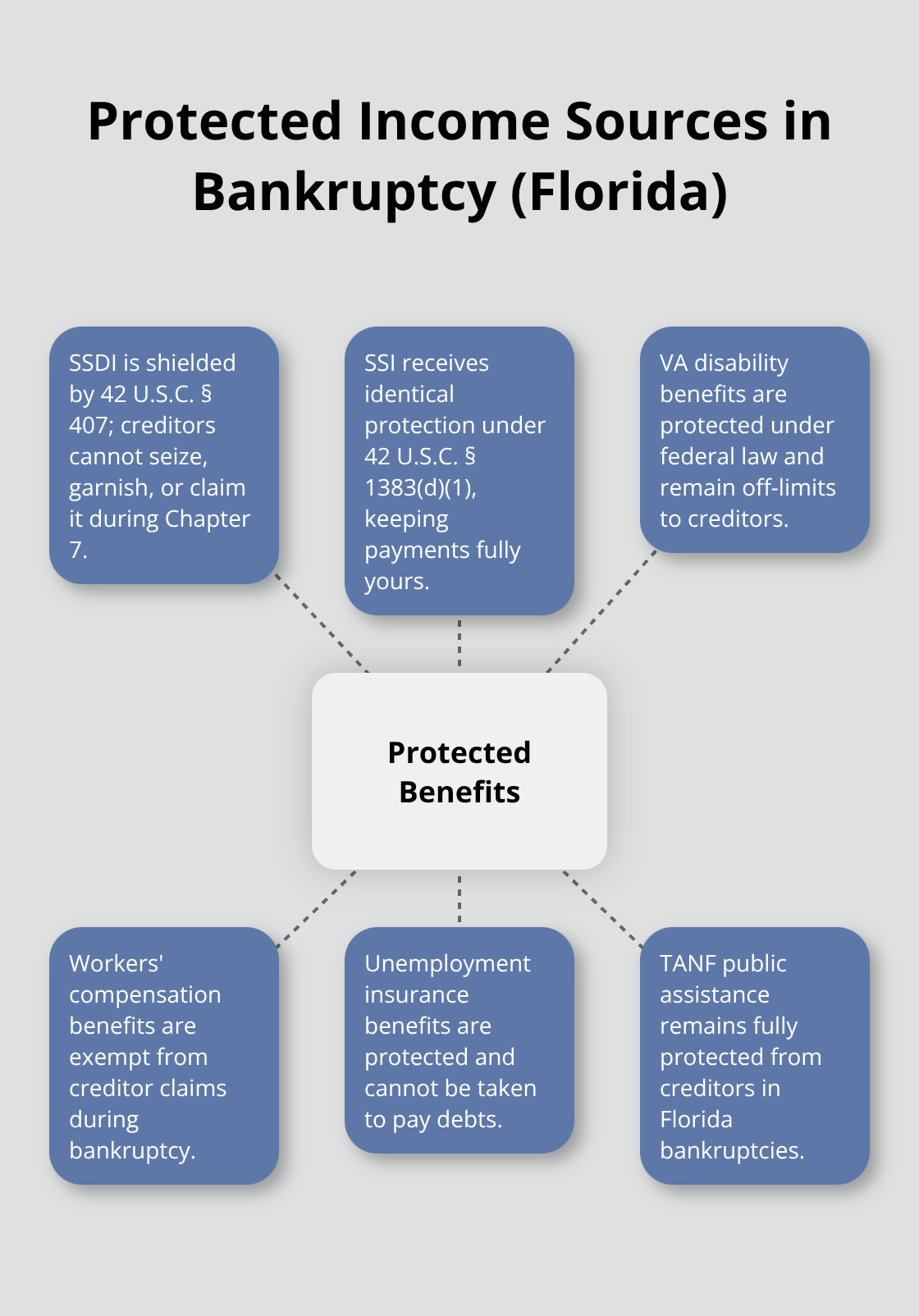 Hub-and-spoke showing federally protected disability-related income types in Chapter 7 bankruptcy. - File bankruptcy