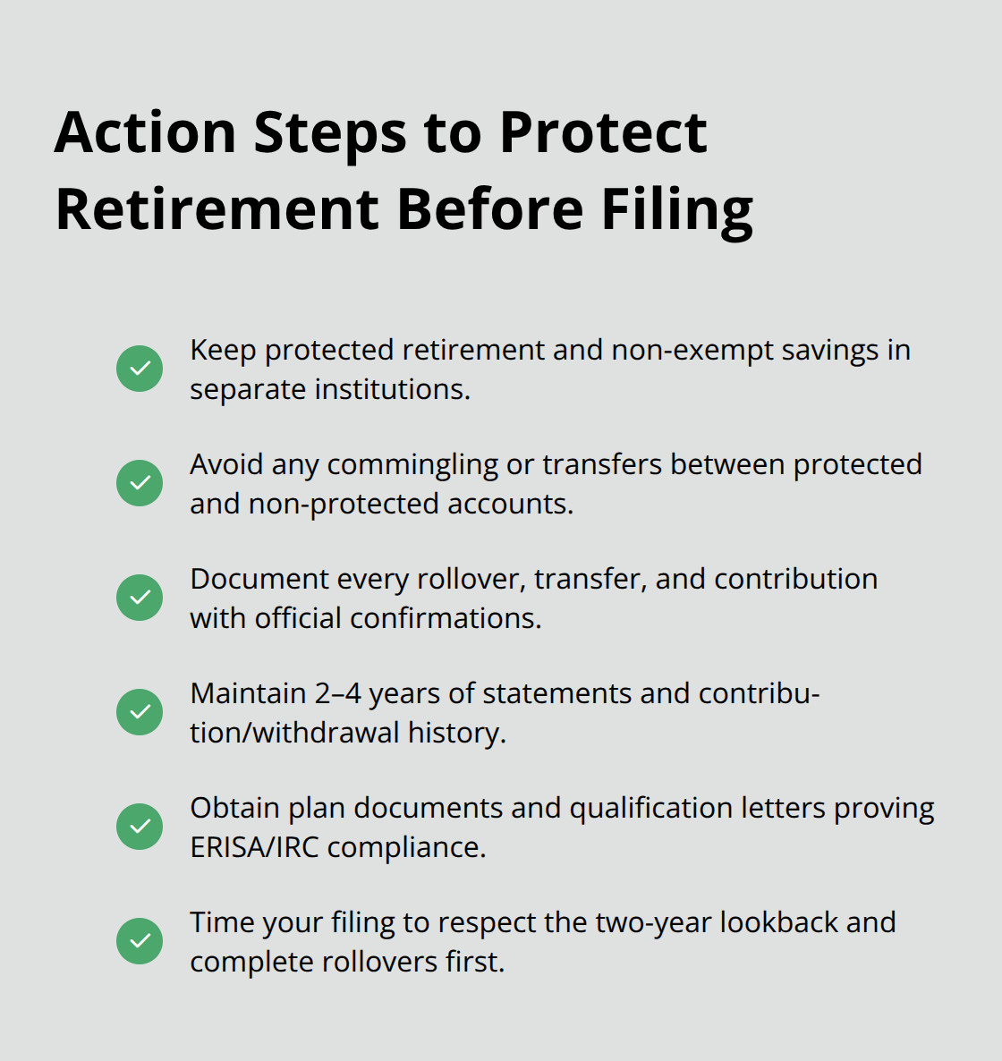 Checklist of steps to safeguard retirement accounts before a Florida Chapter 7 filing.