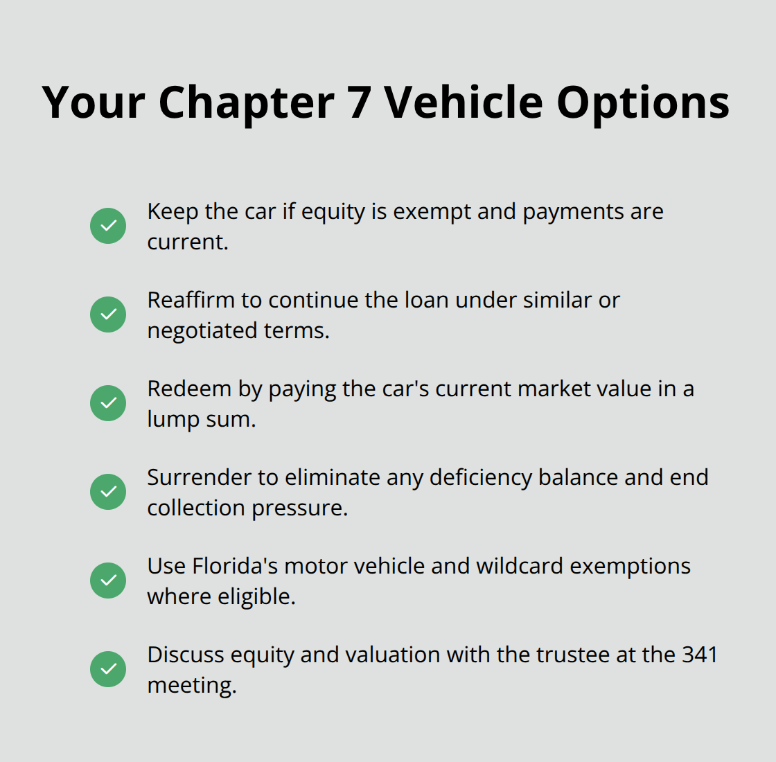 Compact checklist of vehicle options after filing Chapter 7 bankruptcy in Florida. - File quickly