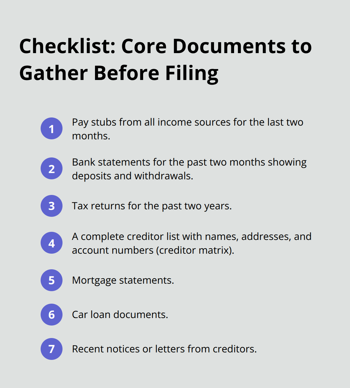 Compact checklist of the essential documents needed to file Chapter 7 in Florida. - Filing Chapter 7 Florida