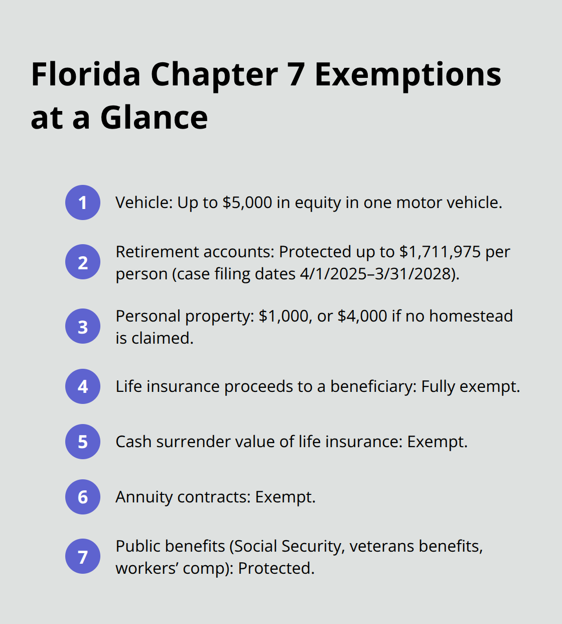 Compact list summarizing key Florida exemption amounts and categories in Chapter 7