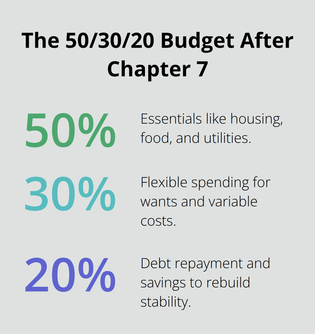 Chart illustrating the 50/30/20 budget split for essentials, flexible spending, and debt/savings.