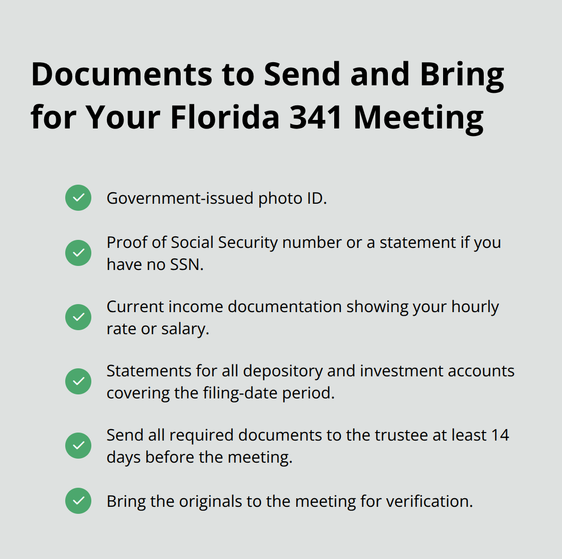 Checklist of documents and deadlines required for a Florida Chapter 7 341 meeting. - Florida 341 meeting questions