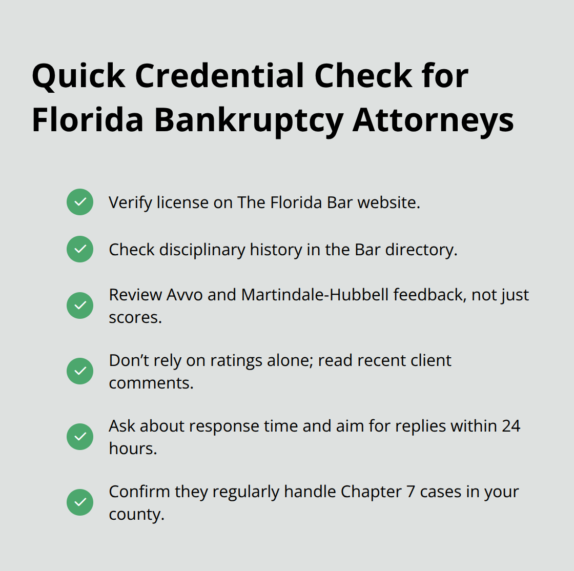 Checklist to verify a Florida bankruptcy attorney’s licensing, reviews, and responsiveness - Florida bankruptcy attorney nearby