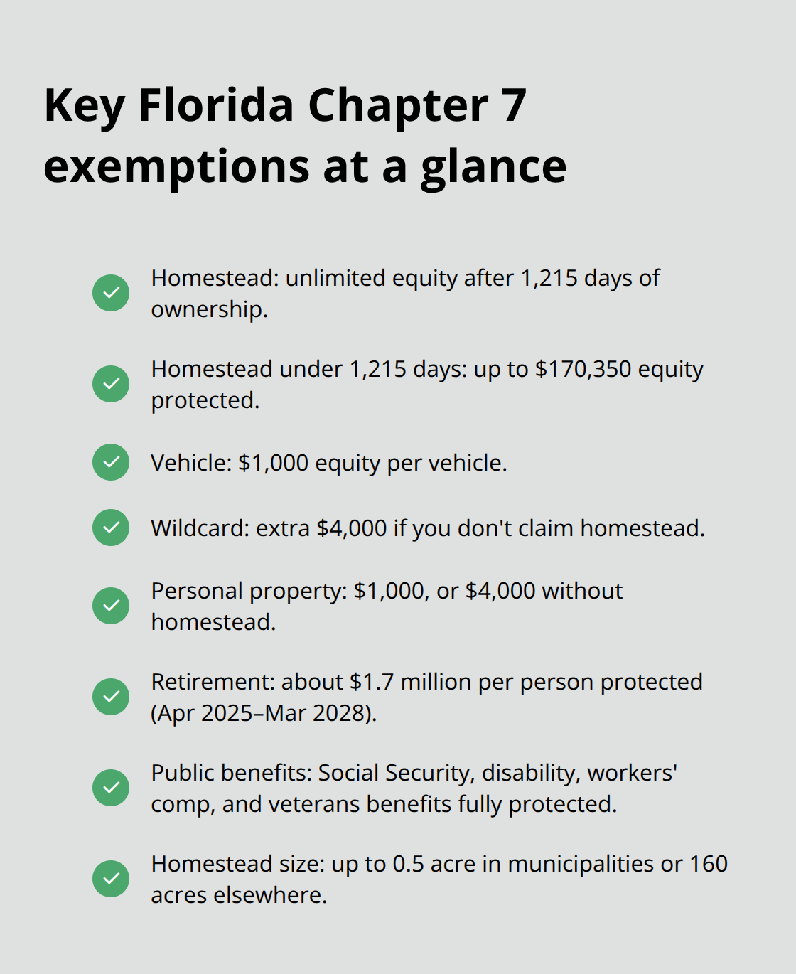 Summary of major Florida bankruptcy exemption amounts and protections - Florida bankruptcy exemptions