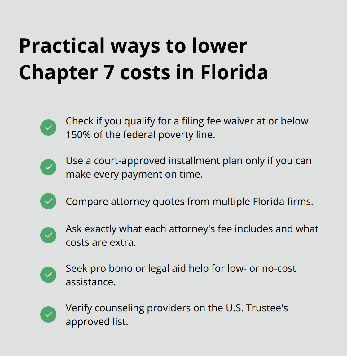 Checklist of strategies to reduce Chapter 7 bankruptcy expenses - Florida Chapter 7 costs