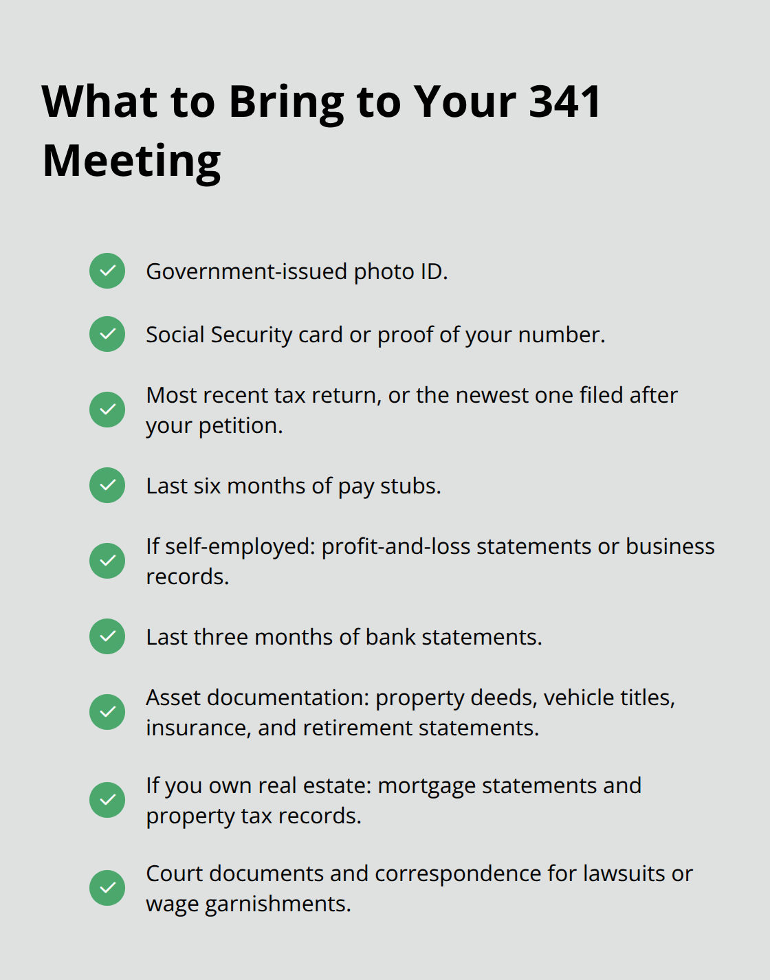 Checklist of documents to bring to a Florida Chapter 7 meeting of creditors