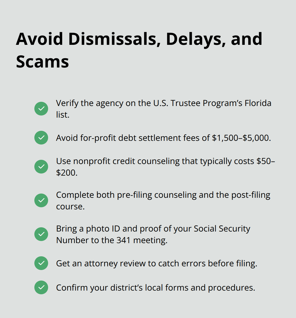 Checklist of actions Florida Chapter 7 filers should take to stay compliant and avoid predatory services