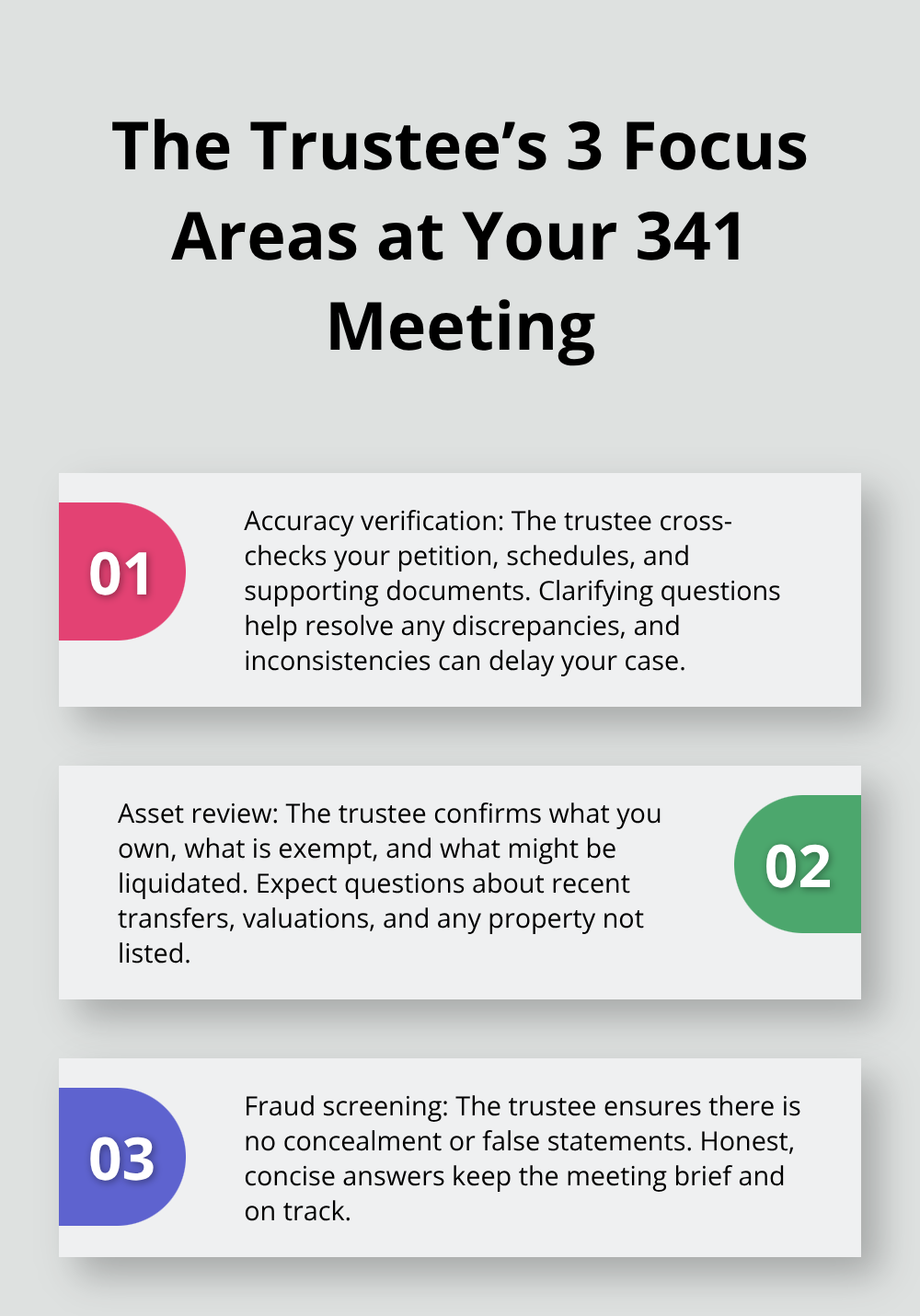 Three key areas trustees examine during a 341 meeting in a Chapter 7 case